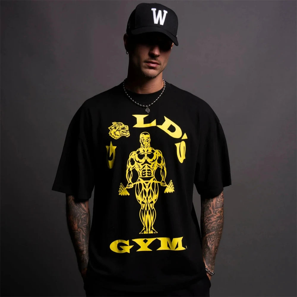 WOLVES co-branded GYM Hip Hop Streetwear Men T-shirts Print T Shirt For Men Summer 100% Cotton Tees O-Neck Short Sleeve Tops